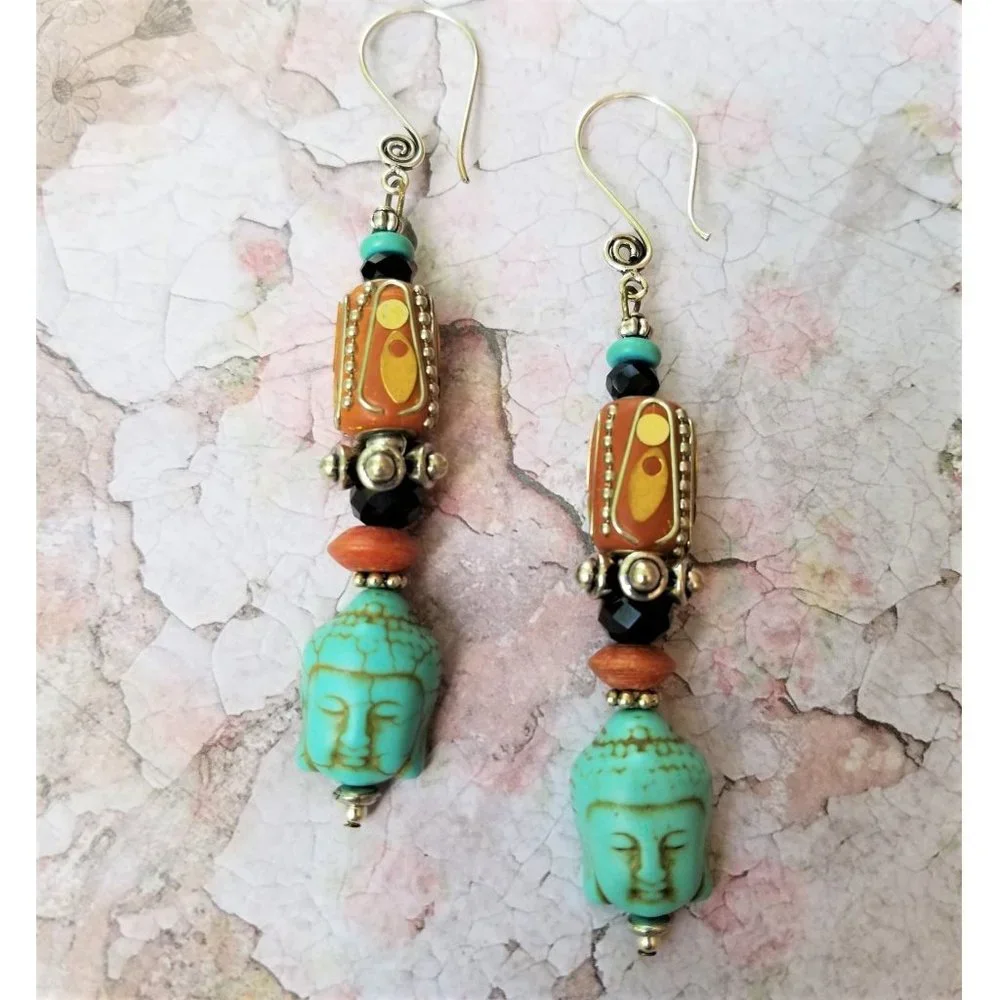 Artisan Hand Crafted Earrings Buddha Turquoise Russet Silver Black Beads Pierced - Picture 2 of 7